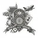 vegas sign, luxor sphinx, pais balloon, cards, poker chips, roulette wheel  tattoo design idea