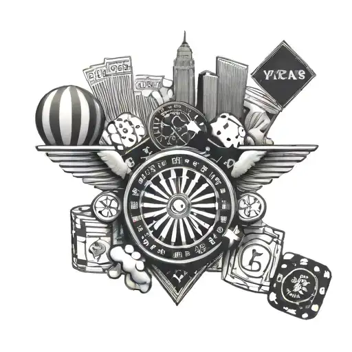 vegas sign, luxor sphinx, pais balloon, cards, poker chips, roulette wheel  tattoo design idea