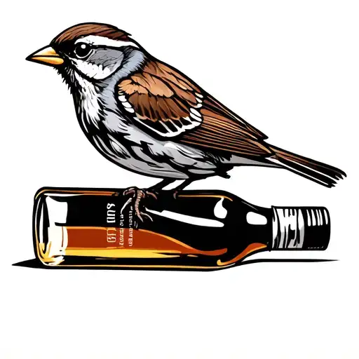 traditional sparrow stood on a whiskey bottle covered in tattoos tattoo design idea