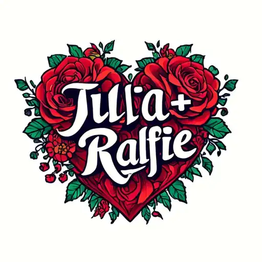 "Julia + Ralphie" heart shape tattoo design idea