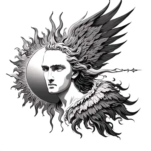 helios god with sun rising tattoo design idea