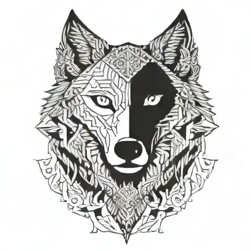 A majestic wolf adorned with Viking symbols and geometric patterns, in a blackwork style tattoo design idea