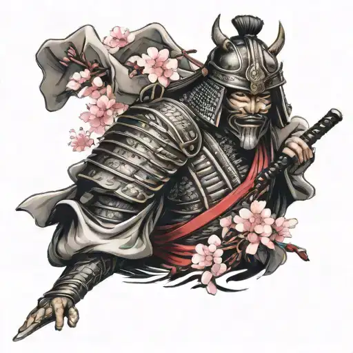 Please design a tattoo that depicts a samurai wearing his full armor and mask with 7 cherry blossoms tattoo design idea