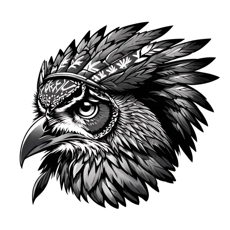 qolf, owl, raven american native head dress, night, adventure  tattoo design idea