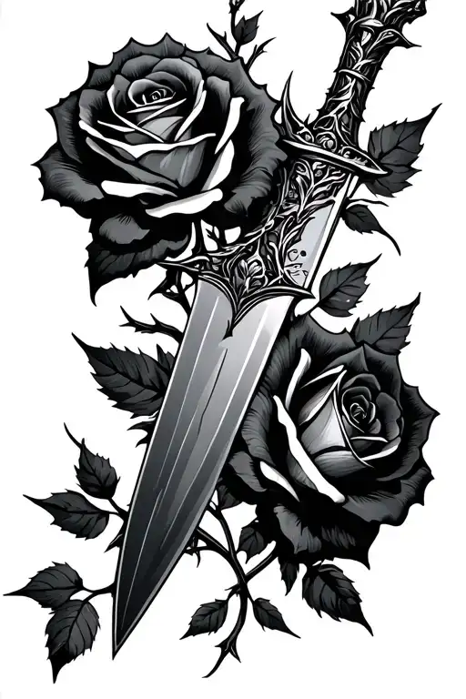 Stiletto knife and roses with thorns on the forearm tattoo design idea