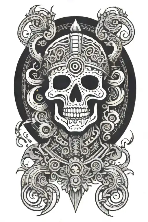 Aztec god of death among musical notes floating in tattoo design idea