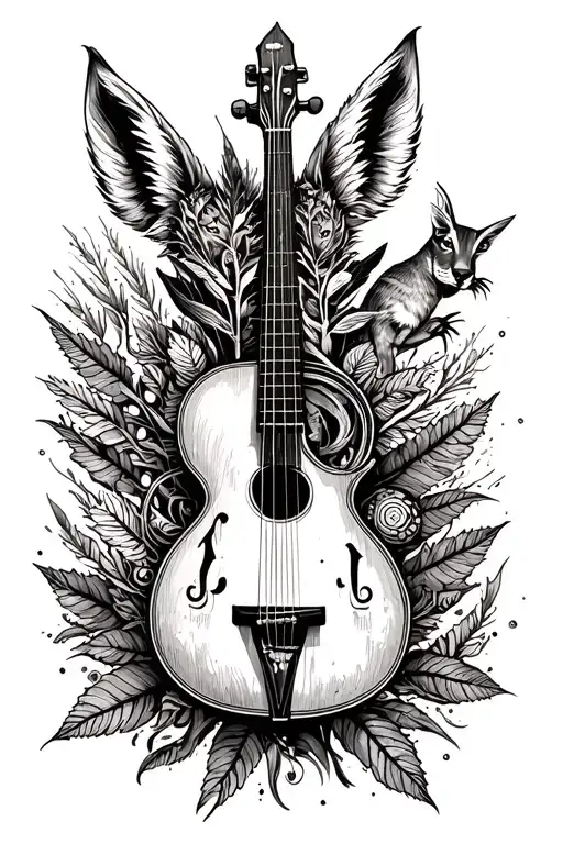 A tattoo design combining musical instruments with images of animals native to the client's favorite natural environment tattoo design idea