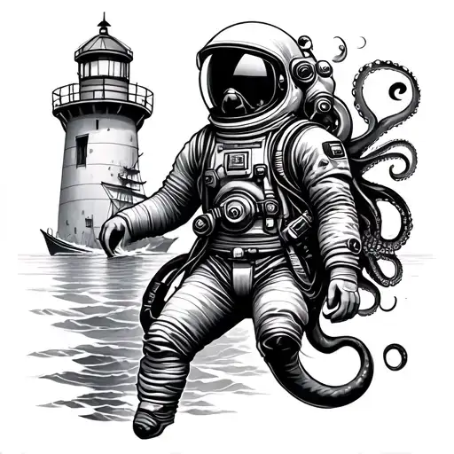 astronaut, diver, lighthouse, sunken ship, octopus tattoo design idea