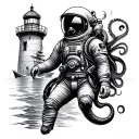 astronaut, diver, lighthouse, sunken ship, octopus tattoo design idea