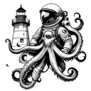 astronaut, diver, lighthouse, sunken ship, octopus tattoo design idea