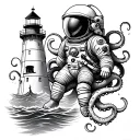 astronaut, diver, lighthouse, sunken ship, octopus tattoo design idea