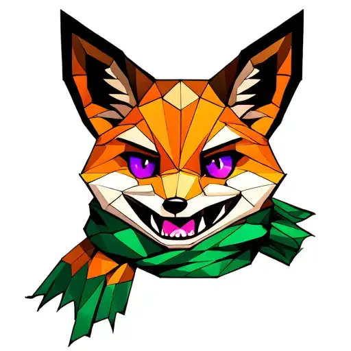 fox head in pixel art style, purple eyes, green scarf, smile and sharp teeth. tattoo design idea