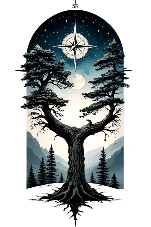 trees compass moon tattoo design idea