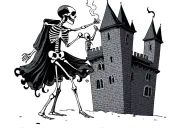 two slow dancing skeletons on top of a castle with a window where another skeleton is smoking  tattoo design idea