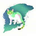 Skinny female tabby cat portrait, Galaxy, Stars, Space, Blue Green purple white black, spot on face, tattoo design idea