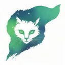 Skinny female tabby cat portrait, Galaxy, Stars, Space, Blue Green purple white black, spot on face, tattoo design idea