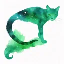 Skinny female tabby cat portrait, Galaxy, Stars, Space, Blue Green purple white black, spot on face, tattoo design idea