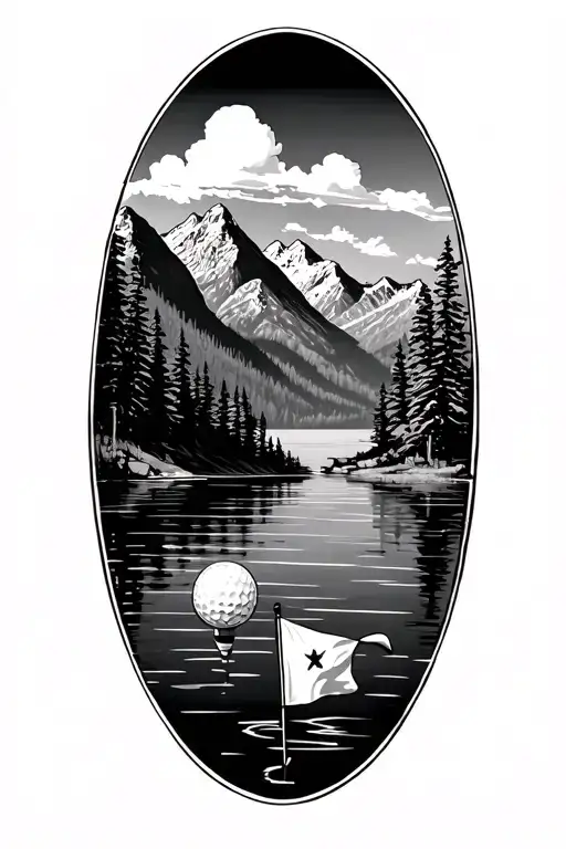 lake surrounded by mountains with golf flag intertwined tattoo design idea