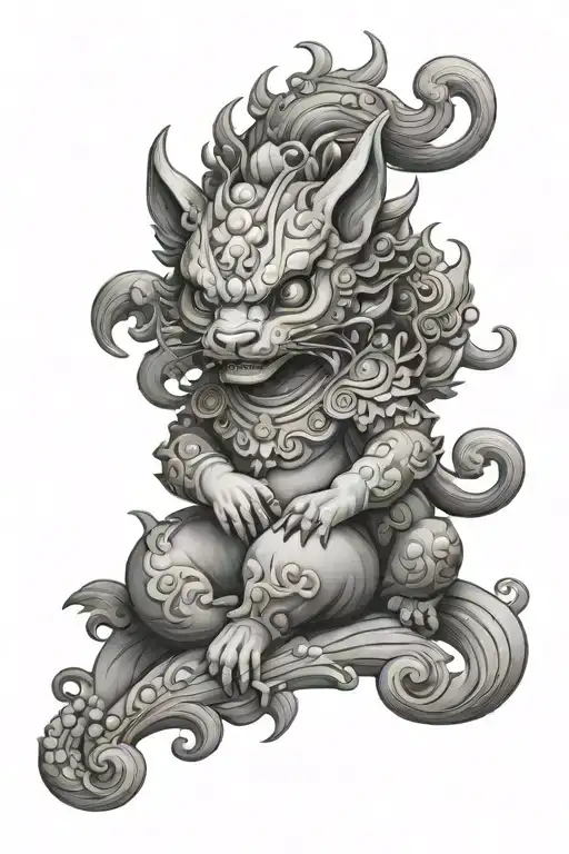 Pixiu sat on skull tattoo design idea