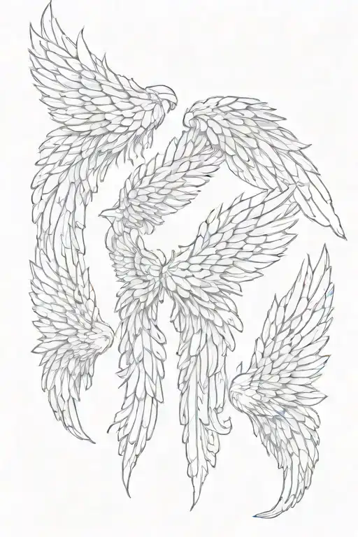 3 angel wing sets with feathers floating around them tattoo design idea