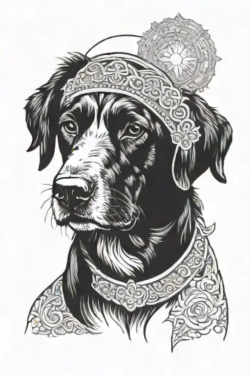portrait of a dog in style of orthodox icon with halo like jesus around its head. tattoo design idea