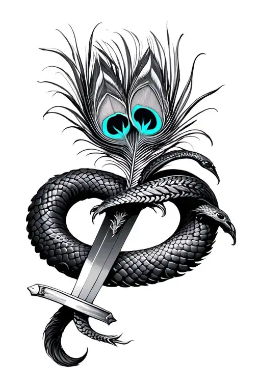 serpent wrapped sword and flute and peacock feather intertwined tattoo design idea