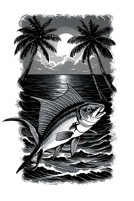sailfish palm trees and ocean  tattoo design idea