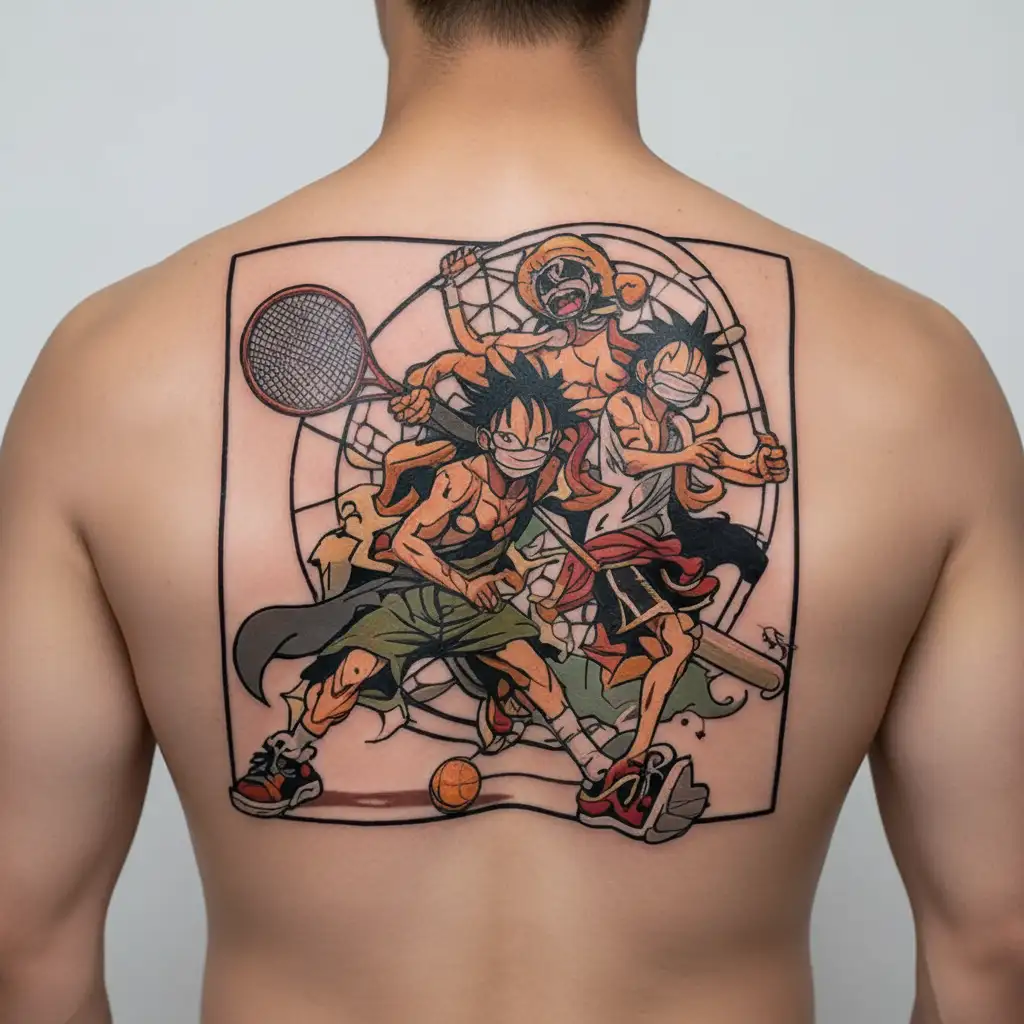 one-piece characters playing badminton tattoo design idea