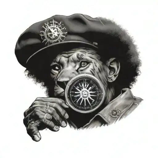 An African American veteran contemplating a philosophical quote with a lion and an old compass in the background tattoo design idea