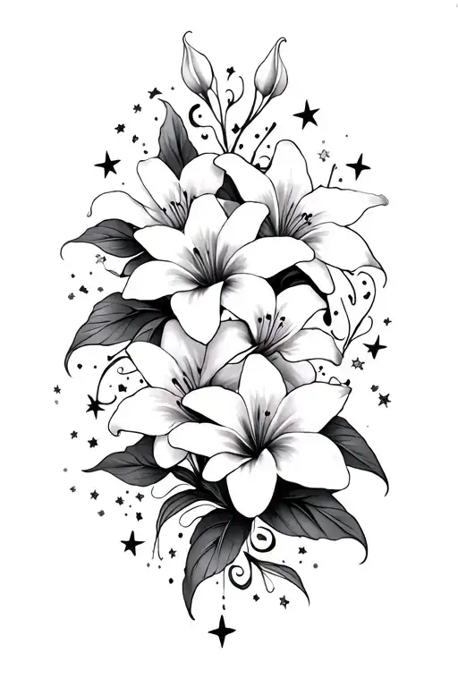 Lilly's and stars scattered tattoo design idea