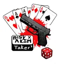 word "risk taker" with playing cards dice and glock black and red tattoo design idea