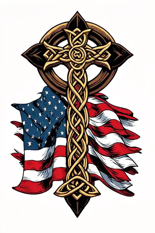 Celtic cross American flag intertwined tattoo design idea