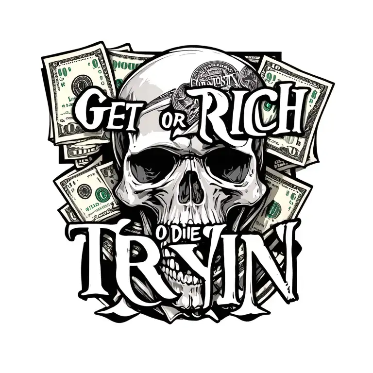 "Get rich or die tryin" skull and money tattoo design idea