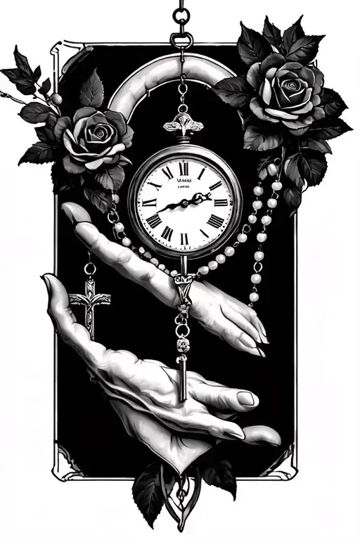 rosary wrapped on fore arm with clock surrounded tattoo design idea