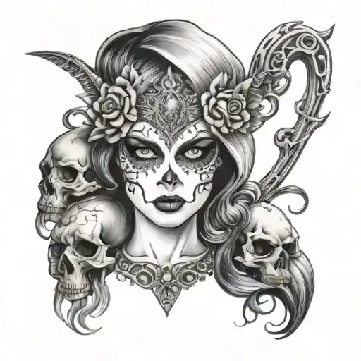  lillith godess with mask of skull  and white eyes tattoo design idea