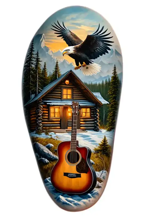 log cabin with an acoustic guitar in front and an eagle perched above. nature scene  tattoo design idea