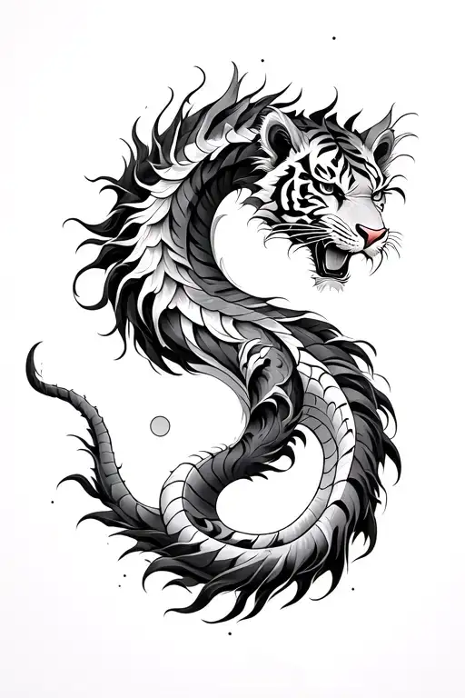 I want a black-gray tattoo design in a realistic style where tiger and dragon look directly at each other, yin yang tattoo design idea
