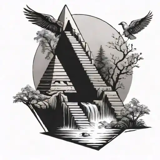 pyramid staircase leading towards he word solitude with birds and trees and a waterfall and suns tattoo design idea