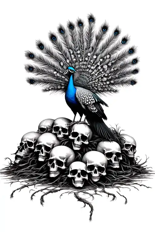 A macabre peacock with its feathers spread, perched atop a pile of dead heads.  tattoo design idea