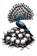 A macabre peacock with its feathers spread, perched atop a pile of dead heads.  tattoo design idea