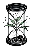 A small hourglass with a sprouting plant inside it from and only in th Bottom bulb. and on top bulb ther are small stars tattoo design idea