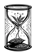 A small hourglass with a sprouting plant inside it from and only in th Bottom bulb. and on top bulb ther are small stars tattoo design idea