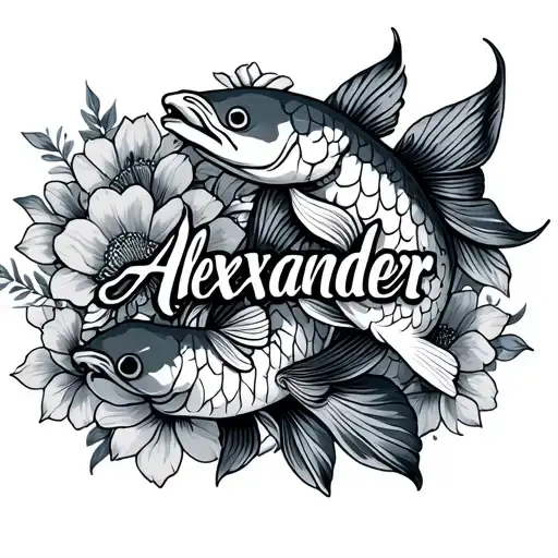 the name Alexander with a koi fish and flowers  tattoo design idea