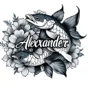 the name Alexander with a koi fish and flowers  tattoo design idea