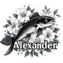 the name Alexander with a koi fish and flowers  tattoo design idea