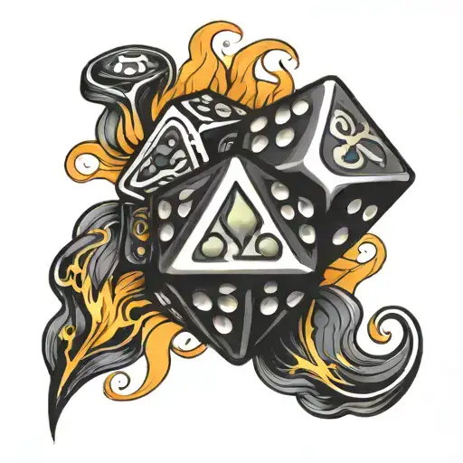 basic lucky tattoo with flames and two dice   tattoo design idea