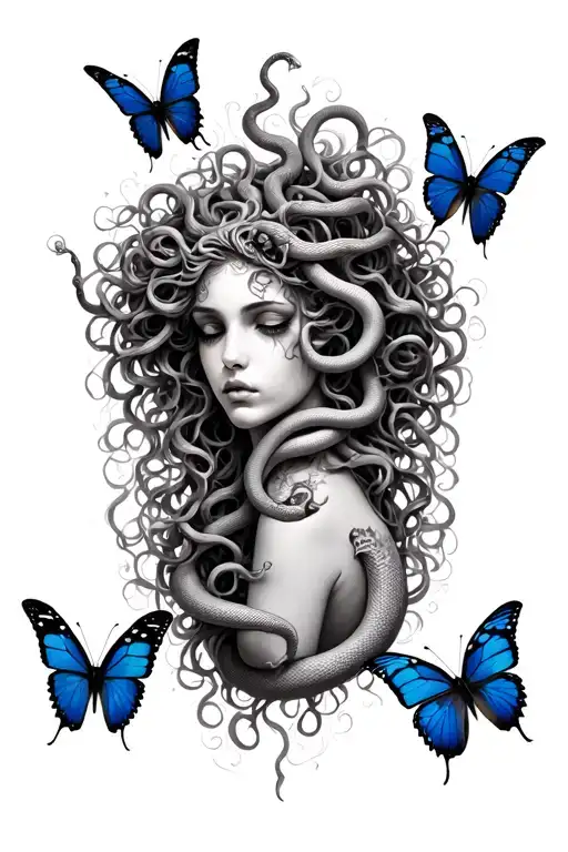 Medusa with snake hair and butterflies surrounding  tattoo design idea