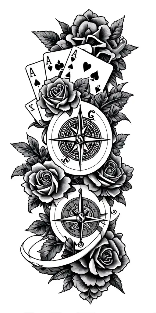 "Peterson " filigree design with playing cards, compass and roses tattoo design idea