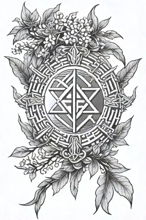 Hexagram 1 of the I Ching system inside of a laurel wreath that sits atop of the Staff of Hermes tattoo design idea