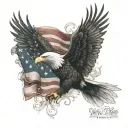 A majestic eagle soaring in front of the American flag, with the words 'We the People' subtly incorporated tattoo design idea